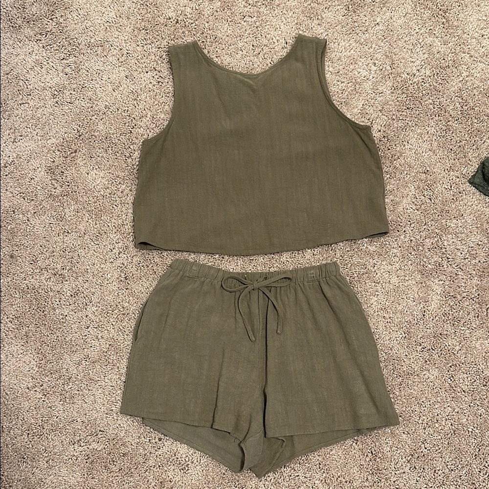 Olive Green Sleeveless Top and Shorts Set
